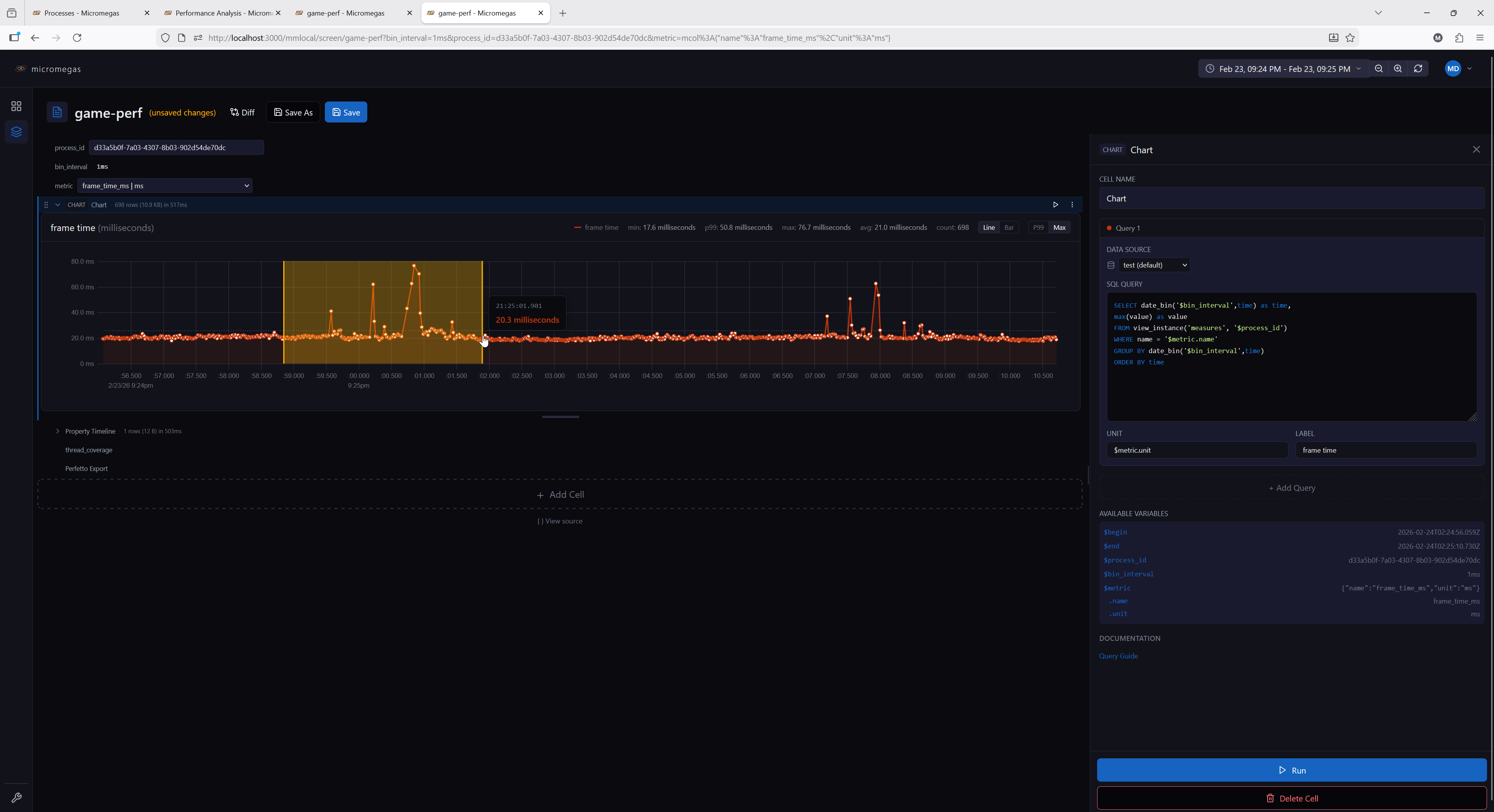 Chart cell with frame time data and drag-to-zoom