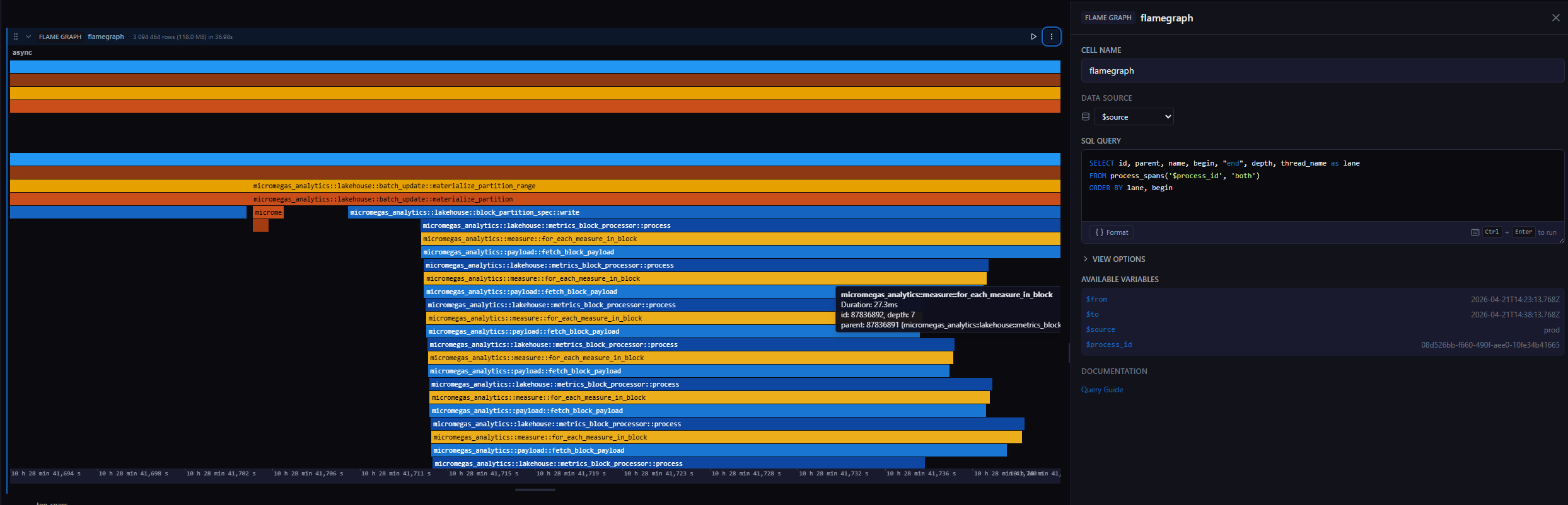 Flame graph showing nested async spans with a hover tooltip
