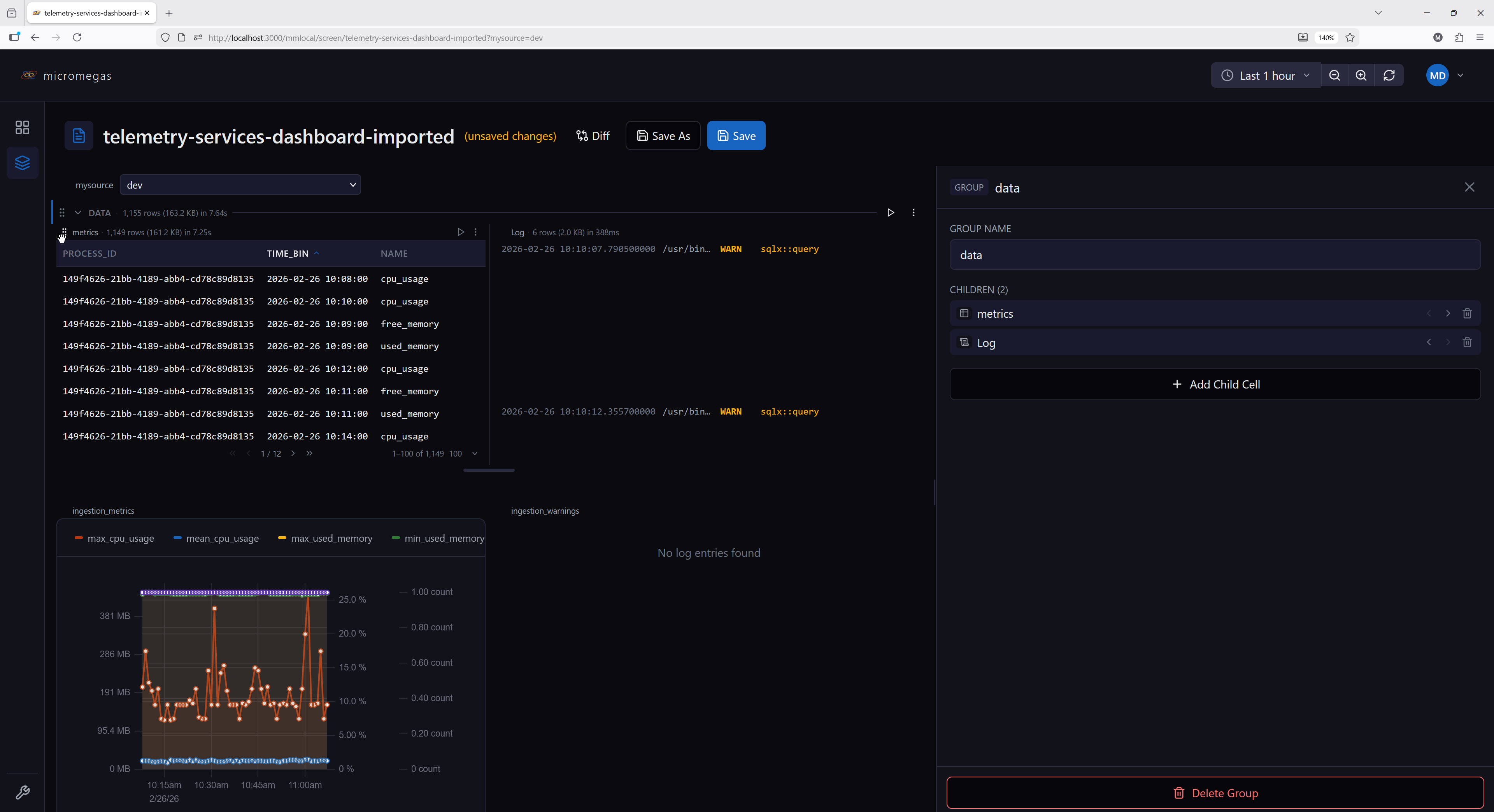Horizontal group with table, chart, and log cells side by side