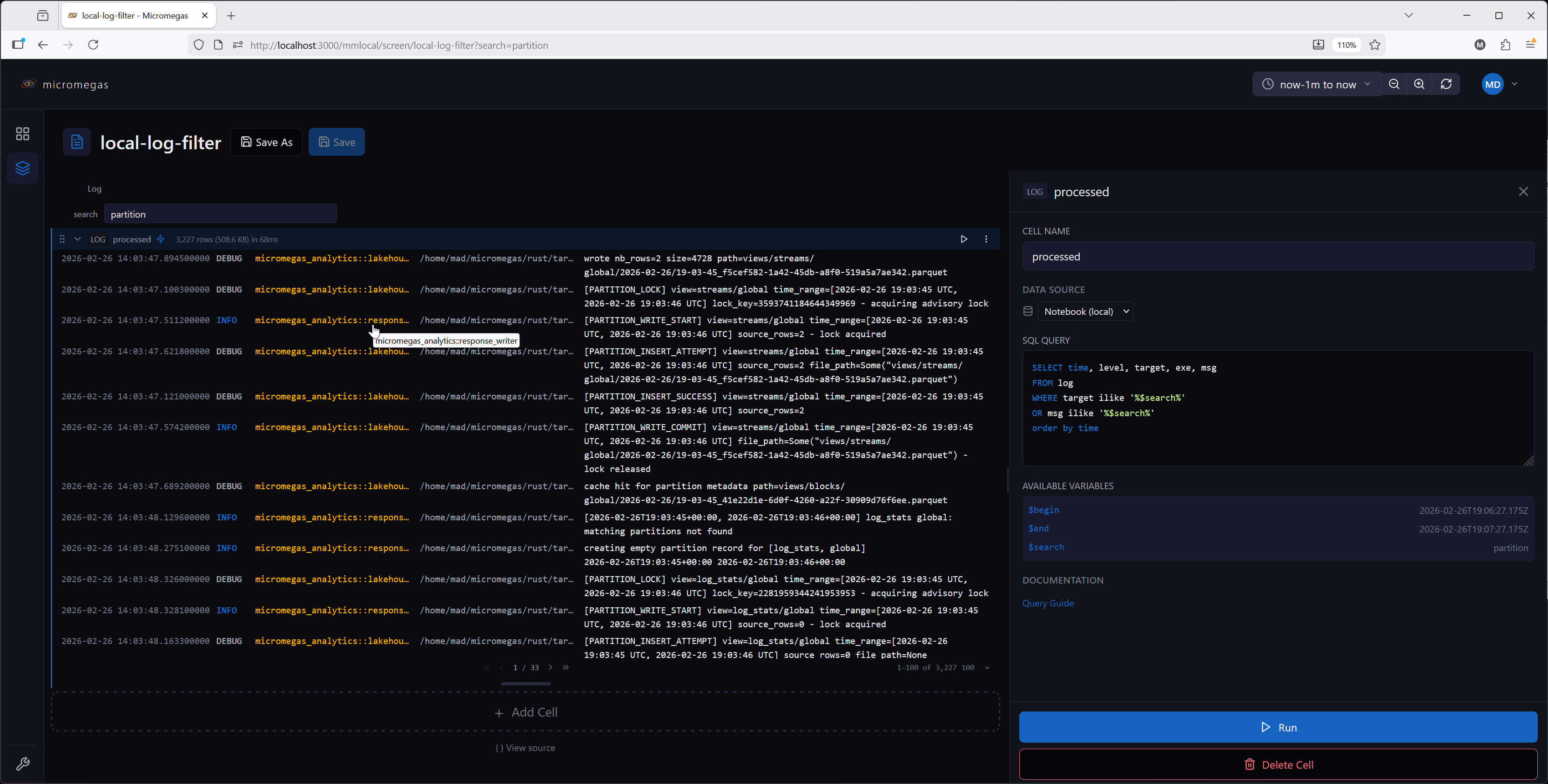 Log cell with level-based coloring and full-text search