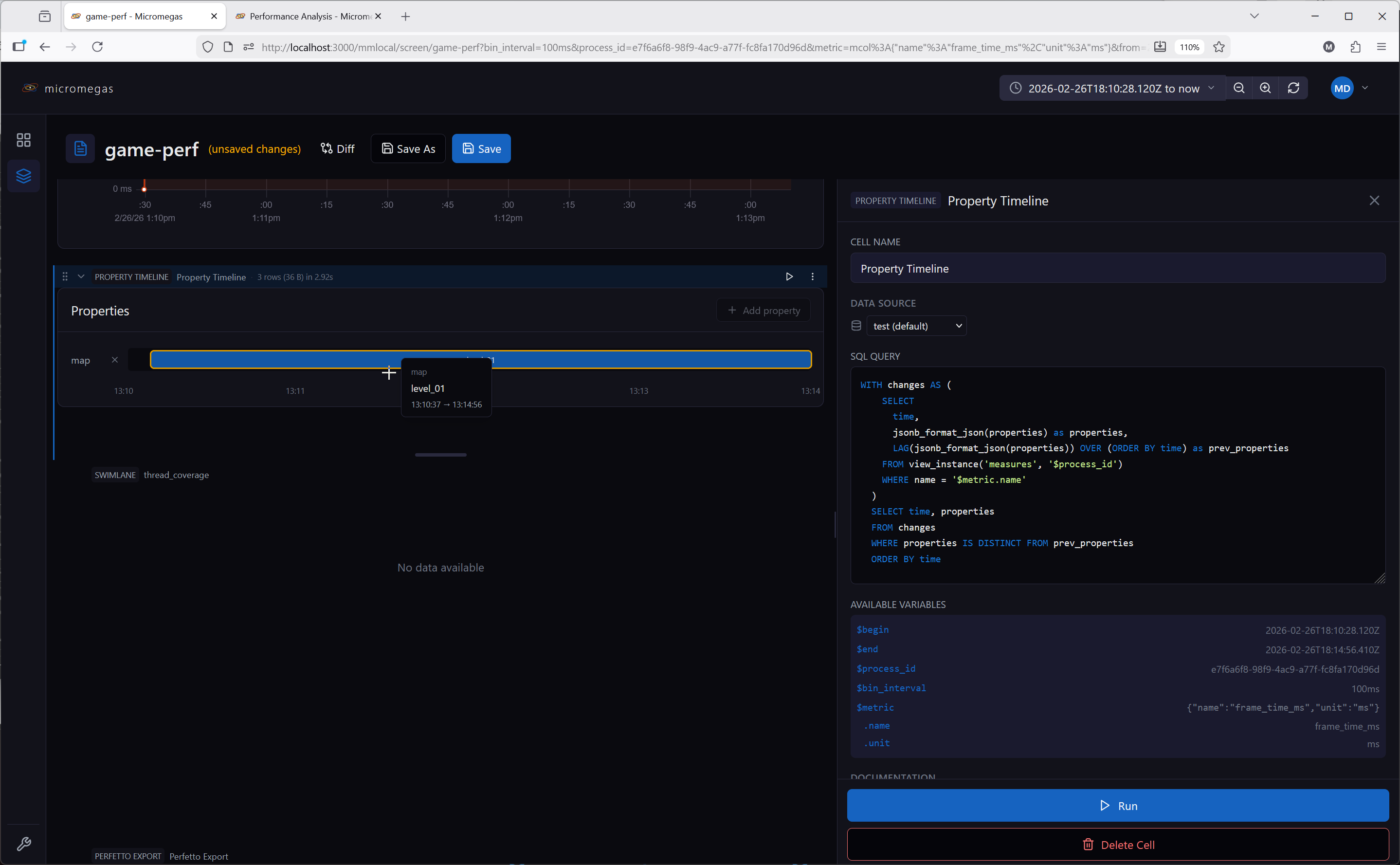 Property timeline showing map property changes over time