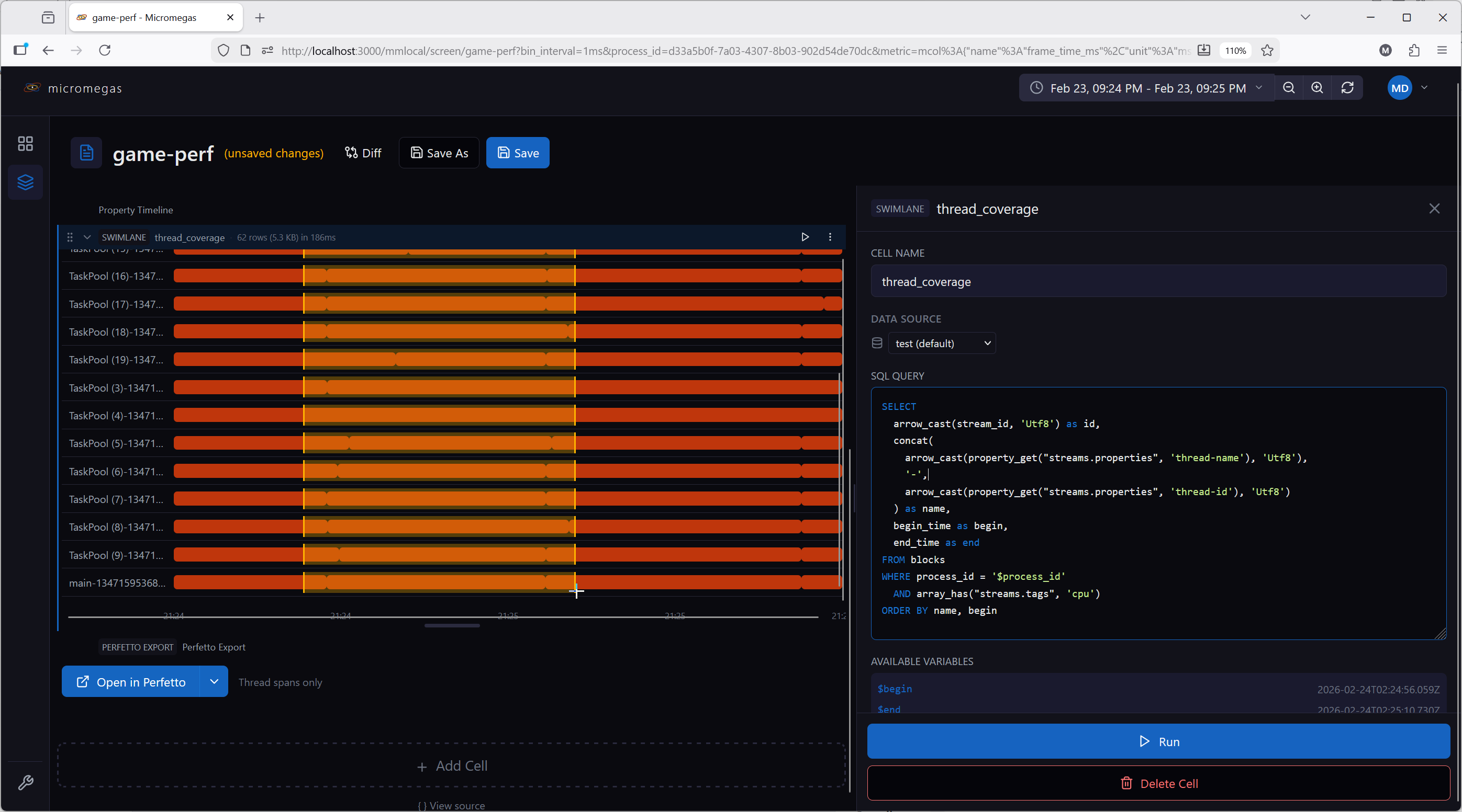 Swimlane showing thread activity across a task pool