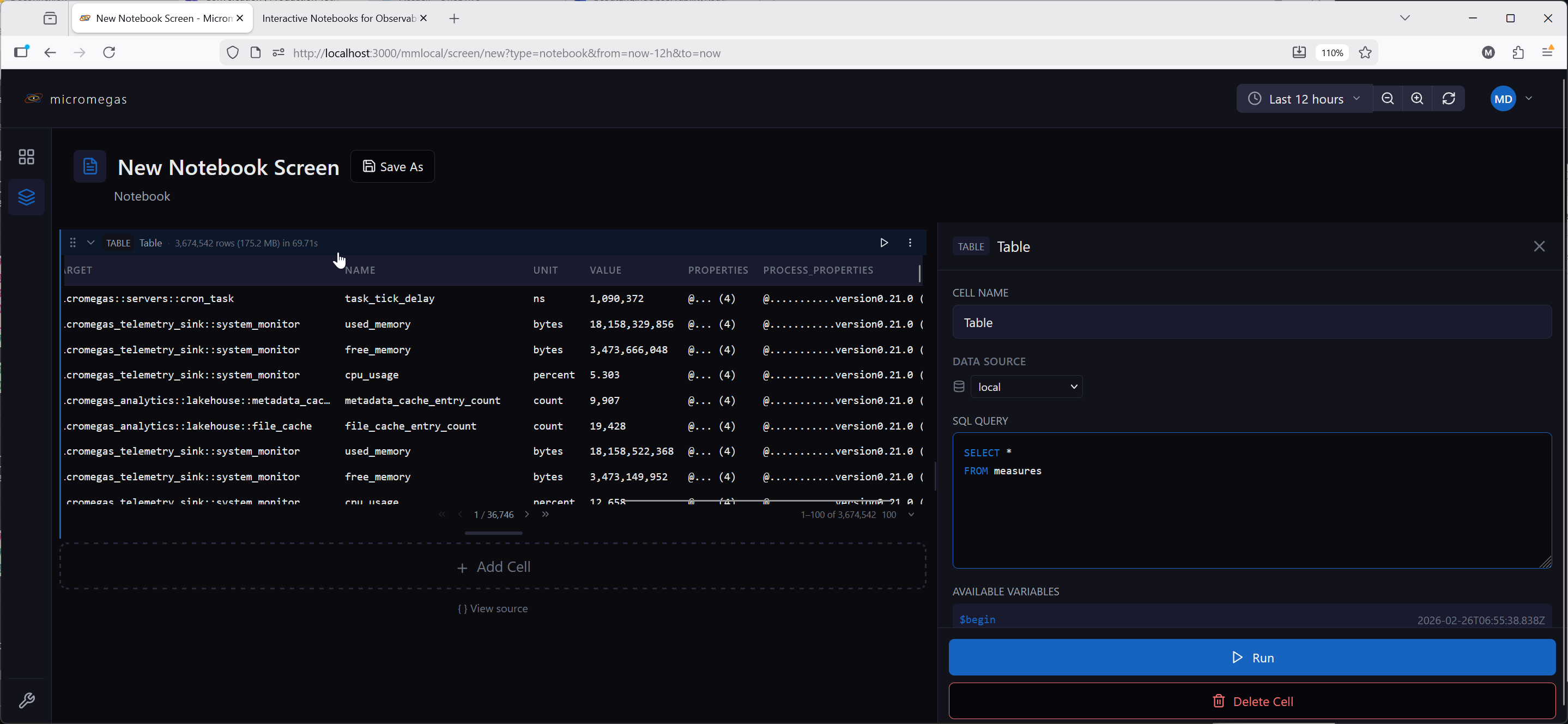 Table cell displaying query results with 3.7M rows