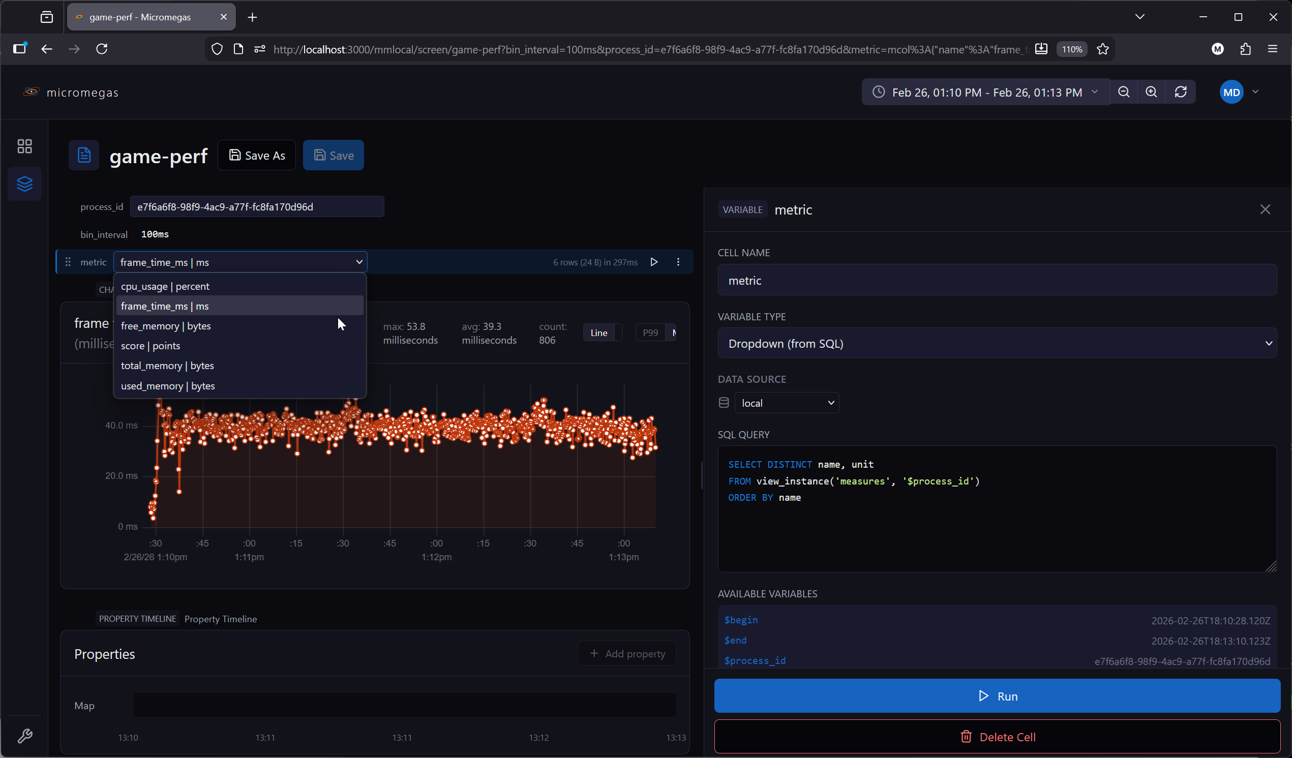 Combobox variable with dropdown open showing metric options