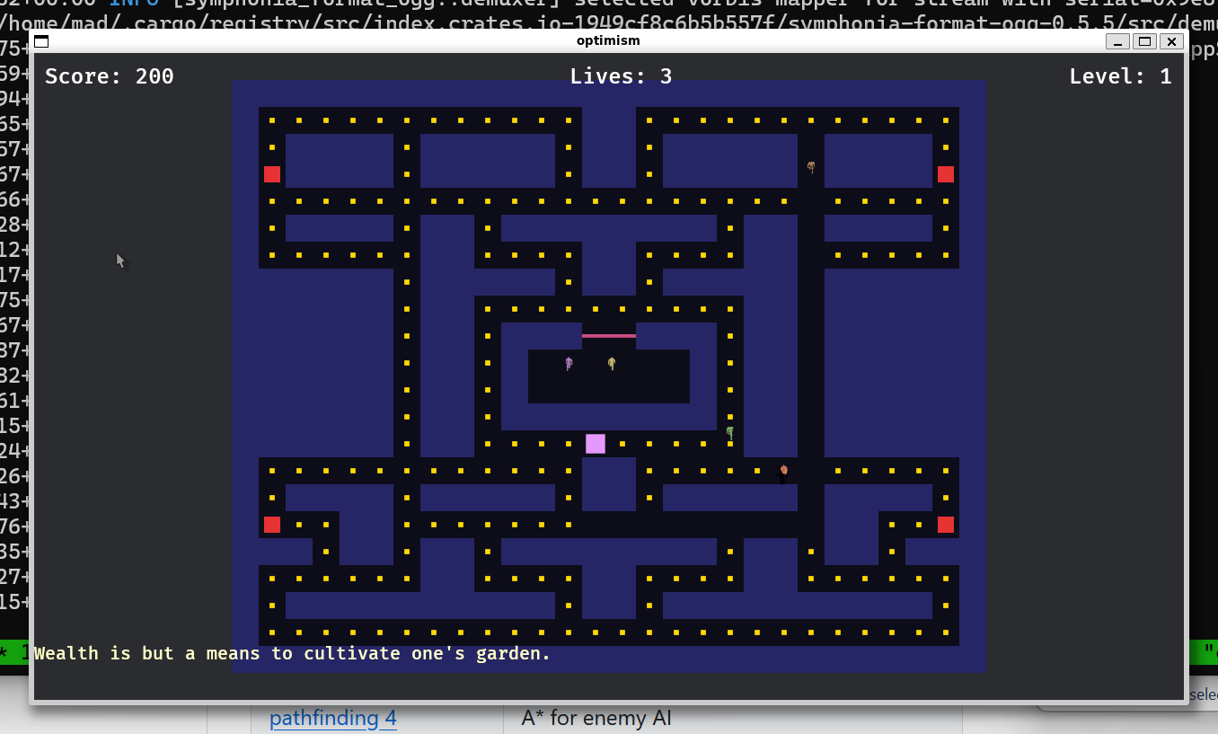 Optimism — a Pac-Man clone based on Voltaire's Candide, built with Bevy
