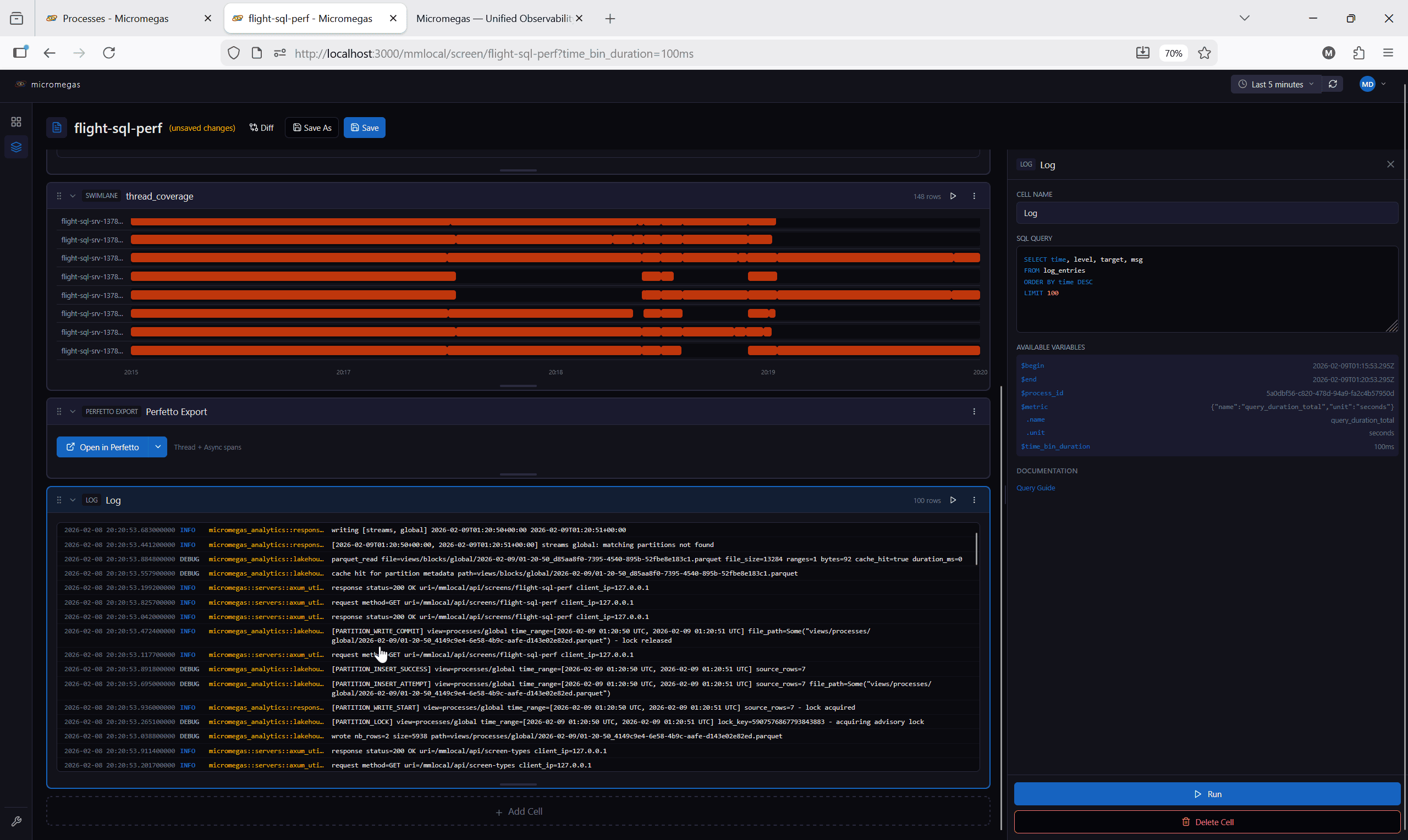 Thread coverage swimlanes alongside log entries for easy correlation